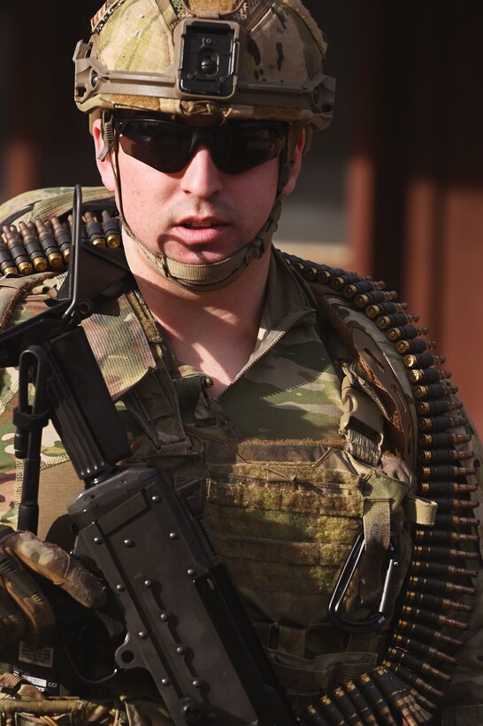 A U.S. Airman assigned to the 178th Security Forces Squadron, Ohio Air National Guard prepares for a training mission Feb. 3, 2025 during annual training at Camp Holland in Butlerville, Indiana. The training, primarily focused on mission planning, included attacking and defending positions and aligning with the Air Force doctrine of Agile Combat Employment. (U.S. Air National Guard photo by Shane Hughes)