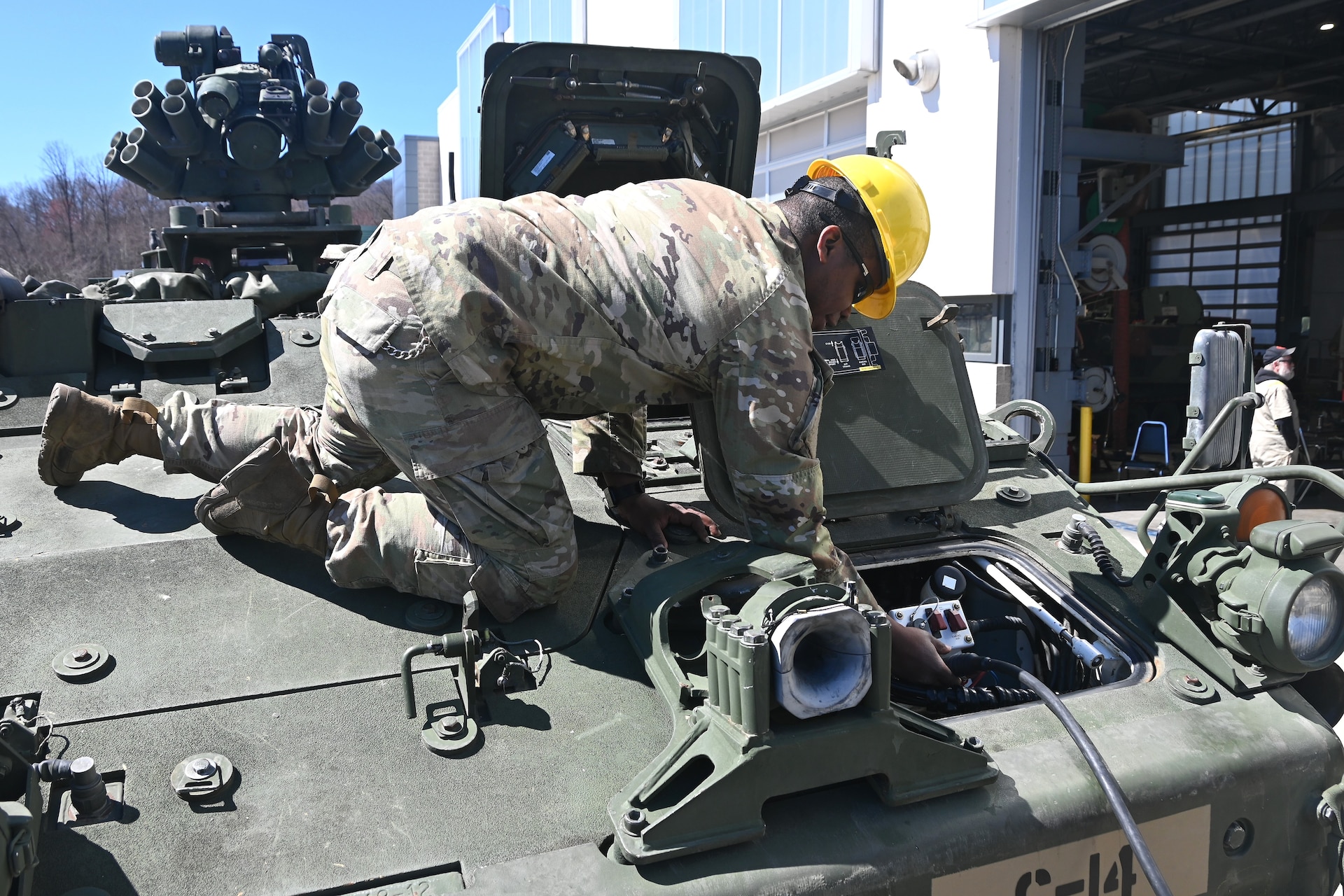 A Soldier from the 56th Stryker Brigade Combat Team conducts training on upgraded Stryker vehicle March 27, 2025, at Fort Indiantown Gap, Pa. As part of a program to modernize the 56th SBCT, the brigade is receiving 324 upgraded Strykers. (Pennsylvania National Guard photo by Brad Rhen)