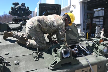 A Soldier from the 56th Stryker Brigade Combat Team conducts training on upgraded Stryker vehicle March 27, 2025, at Fort Indiantown Gap, Pa. As part of a program to modernize the 56th SBCT, the brigade is receiving 324 upgraded Strykers. (Pennsylvania National Guard photo by Brad Rhen)