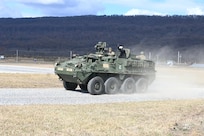 Soldiers from the 56th Stryker Brigade Combat Team conduct training on upgraded Stryker vehicles March 26, 2025, at Fort Indiantown Gap, Pa. As part of a program to modernize the 56th SBCT, the brigade is receiving 324 upgraded Strykers. (Pennsylvania National Guard photo by Brad Rhen)