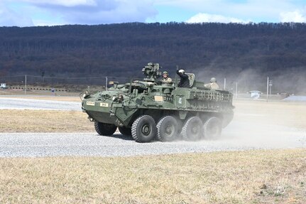 Soldiers from the 56th Stryker Brigade Combat Team conduct training on upgraded Stryker vehicles March 26, 2025, at Fort Indiantown Gap, Pa. As part of a program to modernize the 56th SBCT, the brigade is receiving 324 upgraded Strykers. (Pennsylvania National Guard photo by Brad Rhen)