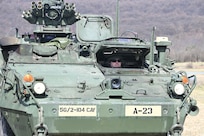 A Soldier from the 56th Stryker Brigade Combat Team conducts training on an upgraded Stryker vehicle March 26, 2025, at Fort Indiantown Gap, Pa. As part of a program to modernize the 56th SBCT, the brigade is receiving 324 upgraded Strykers. (Pennsylvania National Guard photo by Brad Rhen)
