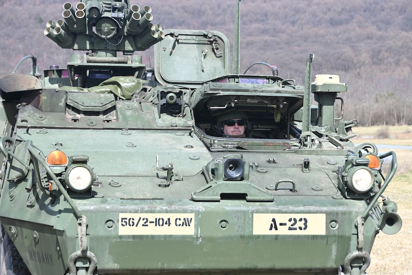 A Soldier from the 56th Stryker Brigade Combat Team conducts training on an upgraded Stryker vehicle March 26, 2025, at Fort Indiantown Gap, Pa. As part of a program to modernize the 56th SBCT, the brigade is receiving 324 upgraded Strykers. (Pennsylvania National Guard photo by Brad Rhen)