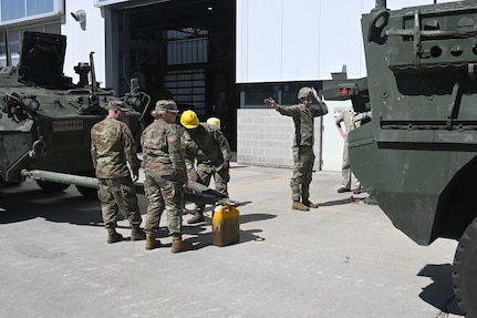 Soldiers from the 56th Stryker Brigade Combat Team conduct training on upgraded Stryker vehicles March 27, 2025, at Fort Indiantown Gap, Pa. As part of a program to modernize the 56th SBCT, the brigade is receiving 324 upgraded Strykers. (Pennsylvania National Guard photo by Brad Rhen)