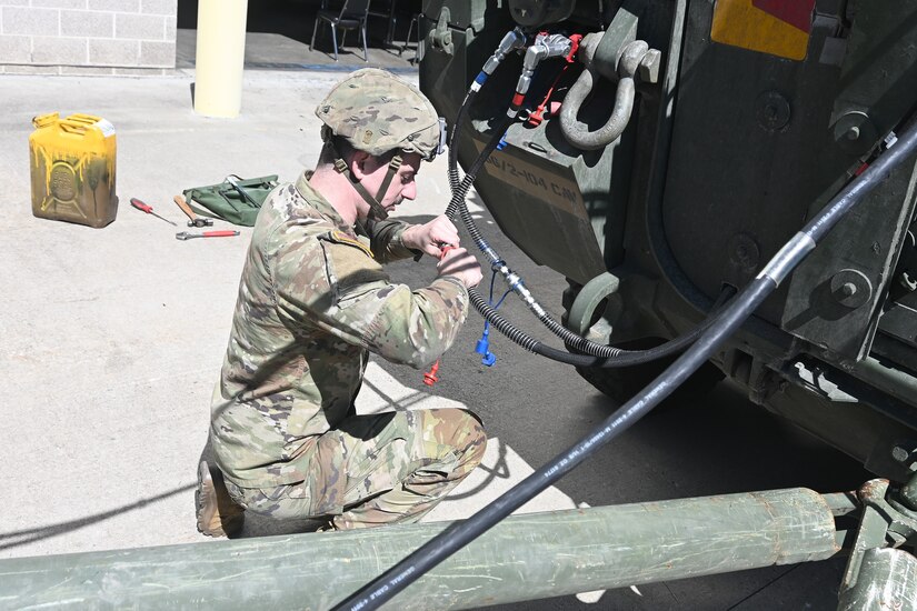 A Soldier from the 56th Stryker Brigade Combat Team conducts training on and upgraded Stryker vehicle March 27, 2025, at Fort Indiantown Gap, Pa. As part of a program to modernize the 56th SBCT, the brigade is receiving 324 upgraded Strykers. (Pennsylvania National Guard photo by Brad Rhen)