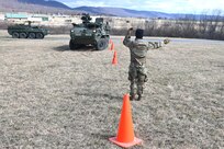 Soldiers from the 56th Stryker Brigade Combat Team conduct training on upgraded Stryker vehicles March 26, 2025, at Fort Indiantown Gap, Pa. As part of a program to modernize the 56th SBCT, the brigade is receiving 324 upgraded Strykers. (Pennsylvania National Guard photo by Brad Rhen)