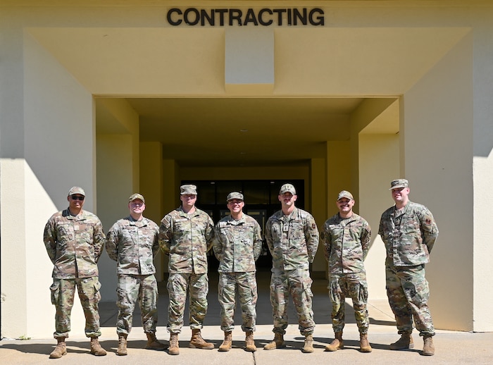 U.S. Airmen from the 42nd Contracting Squadron pose for a group photograph at Maxwell Air Force Base, Alabama, March 24, 2025.