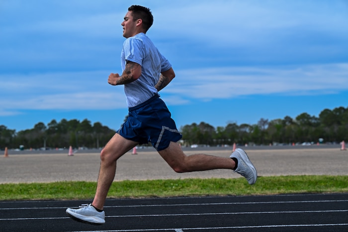 U.S. Air Force Senior Airman Troy Cournoyer, 42nd Contracting Squadron contracting specialist, runs during unit physical training at Maxwell Air Force Base, Alabama, March 26, 2025.