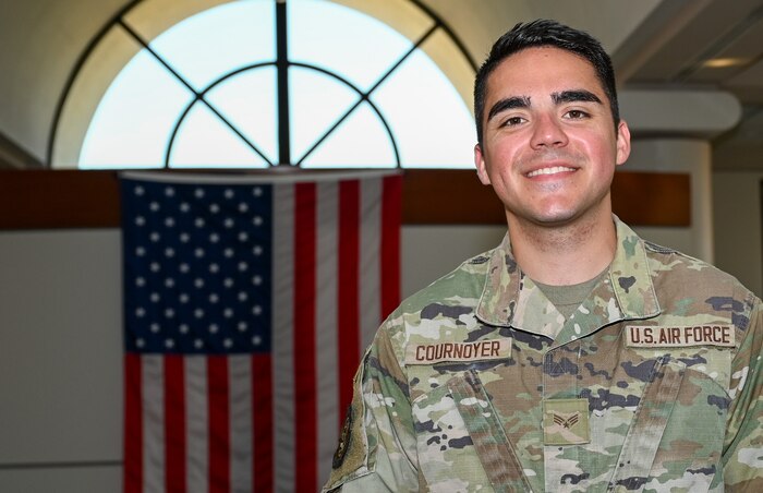 U.S. Air Force Senior Airman Troy Cournoyer, 42nd Contracting Squadron contracting specialist, poses for a photo at Maxwell Air Force Base, Alabama, March 24, 2025.