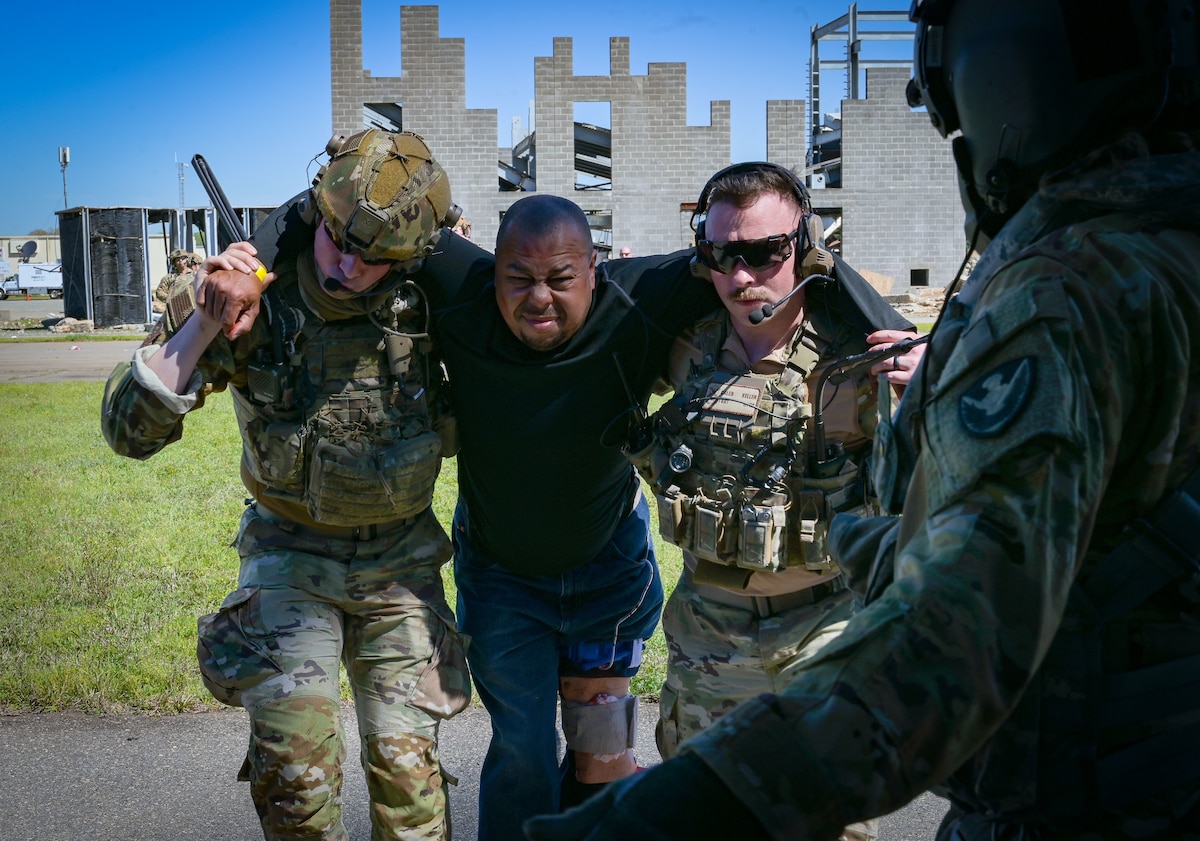 U.S. Airmen and Soldiers transport a simulated casualty to an HH-60M Black Hawk helicopter assigned to the 1-111th General Support Aviation Battalion, Charlie Company, during Patriot 25 at Guardian Centers in Perry, Georgia, March 25, 2025. Approximately 700 participants from the National Guard and federal, state and local agencies participated in Patriot 25, a National Guard-sponsored exercise to enhance domestic response readiness and interagency coordination.
