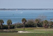 Photo overview of Sullivan's Island with palmetto trees and Charleston bay in the background with naval assets.