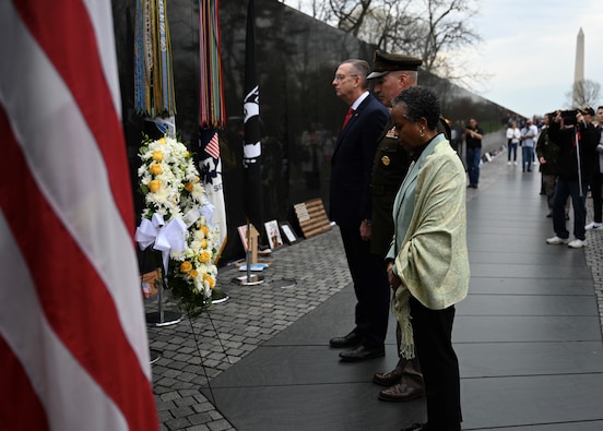 Fern Sumpter Winbush, Defense POW/MIA Accounting Agency principal deputy director, participates in the National Vietnam War Veterans Day ceremony at the Vietnam Veterans Memorial, Washington D.C., March 29, 2025. On this day, marking the disestablishment of the United States Military Assistance Command, Vietnam, and the departure of the final U.S. combat troops from Vietnam in 1973, the United States of America Vietnam War Commemoration hosted this year’s ceremony. The main display featured three wreaths and concluded with a moment of silence to honor all veterans who served in the Vietnam War, as well as their families, for their service, dedication, and sacrifice. (U.S. Army photo by Sgt. Ashleigh Maxwell).