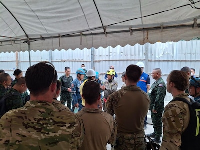 U.S. Indo-Pacific Command military personnel continue to work alongside Thai military and first responders near the collapsed State Audit Office building in Bangkok, which fell after a 7.7 magnitude earthquake affected Thailand and it's neighbor countries on March 28, 2025.