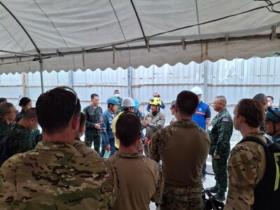 U.S. Indo-Pacific Command military personnel continue to work alongside Thai military and first responders near the collapsed State Audit Office building in Bangkok, which fell after a 7.7 magnitude earthquake affected Thailand and it's neighbor countries on March 28, 2025.