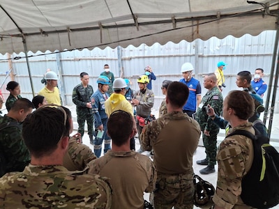 U.S. Indo-Pacific Command military personnel continue to work alongside Thai military and first responders near the collapsed State Audit Office building in Bangkok, which fell after a 7.7 magnitude earthquake affected Thailand and it's neighbor countries on March 28, 2025.