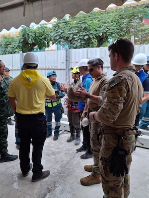 U.S. Indo-Pacific Command military personnel continue to work alongside Thai military and first responders near the collapsed State Audit Office building in Bangkok, which fell after a 7.7 magnitude earthquake affected Thailand and it's neighbor countries on March 28, 2025.