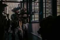 U.S. Marines with 1st Battalion, 5th Marine Regiment, 1st Marine Division, attached to Marine Rotational Force-Southeast Asia conduct the field training exercise for Valiant Mark 25 at SAFTI City training facility, Singapore, March 26, 2025.