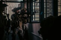 U.S. Marines with 1st Battalion, 5th Marine Regiment, 1st Marine Division, attached to Marine Rotational Force-Southeast Asia conduct the field training exercise for Valiant Mark 25 at SAFTI City training facility, Singapore, March 26, 2025.
