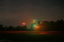 Singapore CH-47SD/F Chinook heavy-lift helicopters prepare to land at Military Training Area (West), Singapore, on March 25, 2025, in preparation for the Valiant Mark 25 field training exercise taking place at SAFTI City training facility.