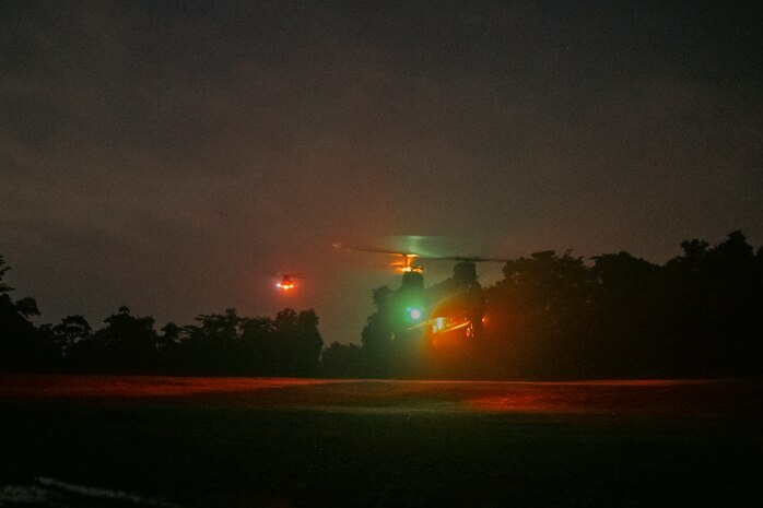 Singapore CH-47SD/F Chinook heavy-lift helicopters prepare to land at Military Training Area (West), Singapore, on March 25, 2025, in preparation for the Valiant Mark 25 field training exercise taking place at SAFTI City training facility.