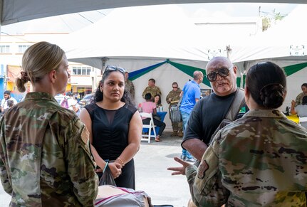 U.S. Air Force medical professionals from the 433rd Aerospace Medicine Squadron engage with residents during the Lesser Antilles Medical Assistance Team (LAMAT) 2025 health fair at Kingstown, Saint Vincent and the Grenadines, March 20, 2025.