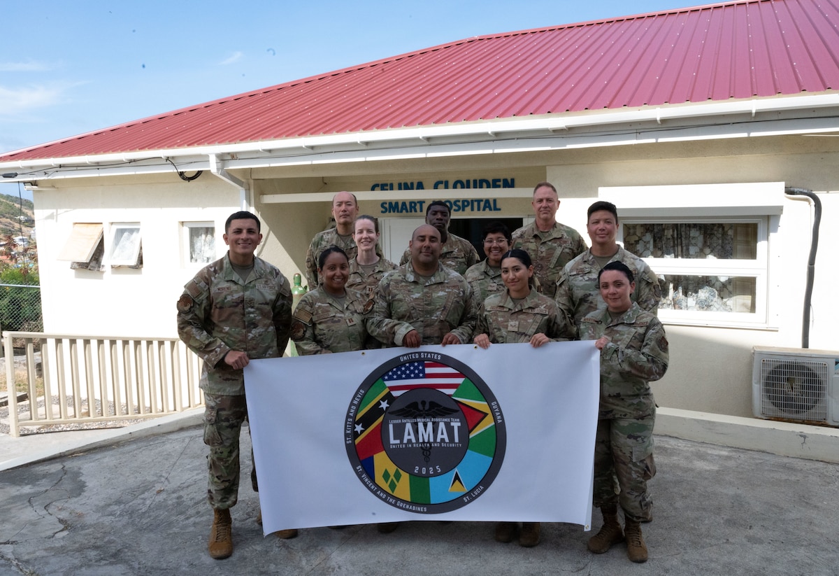 Members of the Lesser Antilles Medical Assistance Team (LAMAT) 2025 mission pose for a group photo at Celina Clouden Smart Hospital, Union Island, Saint Vincent and the Grenadines, March 20, 2025.