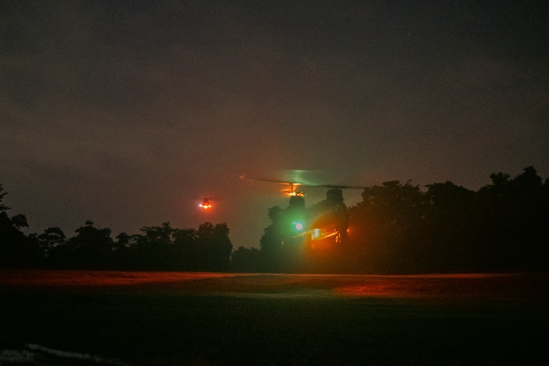 Singapore CH-47SD/F Chinook heavy-lift helicopters prepare to land at Military Training Area (West), Singapore, on March 25, 2025, in preparation for the Valiant Mark 25 field training exercise taking place at SAFTI City training facility. SAFTI City, the premier urban training facility in Southeast Asia, is one of the largest and most technologically advanced facilities of its kind in the world. U.S. Marines with Marine Rotational Force-Southeast Asia were the first foreign partner force to train at the facility during Valiant Mark 25. Valiant Mark is an annual, bilateral training exercise designed to enhance interoperability, build mutual defense capabilities, and strengthen military-to-military relationships between the U.S. Marine Corps and Singapore Armed Forces. MRF-SEA is a rotational unit derived from elements of I MEF executing a U.S. Marine Corps Forces, Pacific operational model that involves training events and exchanges with partner military subject matter experts, promotes security goals with allied and partner nations, and ensures a persistent I MEF stand-in presence west of the international date line. (U.S. Marine Corps photo by Sgt. Shaina Jupiter)