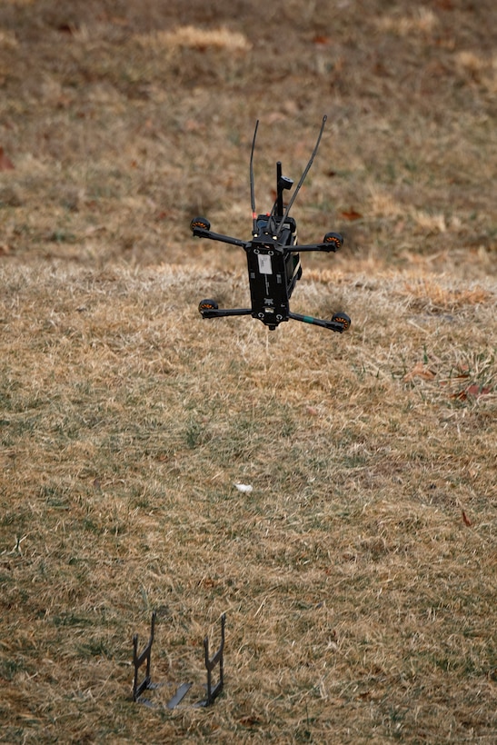 A Neros Archer first-person view drone takes off during a demonstration range at Weapons Training Battalion on Marine Corps Base Quantico, Virginia, March 7, 2025.