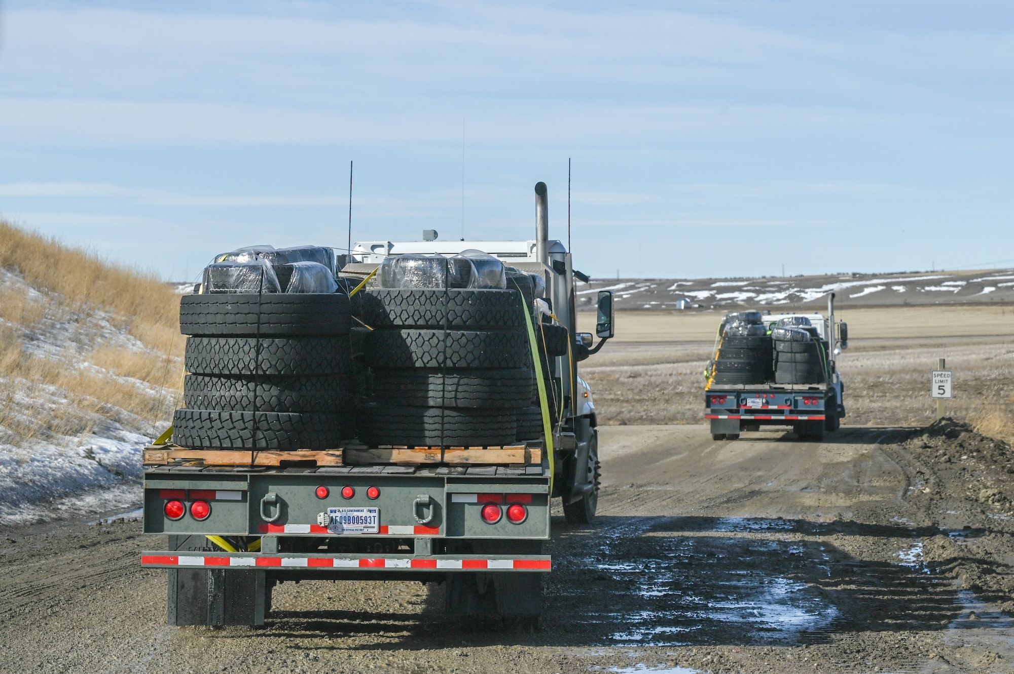 Rearview of two forty-foot tractor trucks loaded with pallets of tires driving.