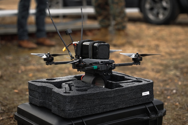 A Neros Archer first-person view drone sits on a case during a demonstration range at Weapons Training Battalion on Marine Corps Base Quantico, Virginia, March 7, 2025.