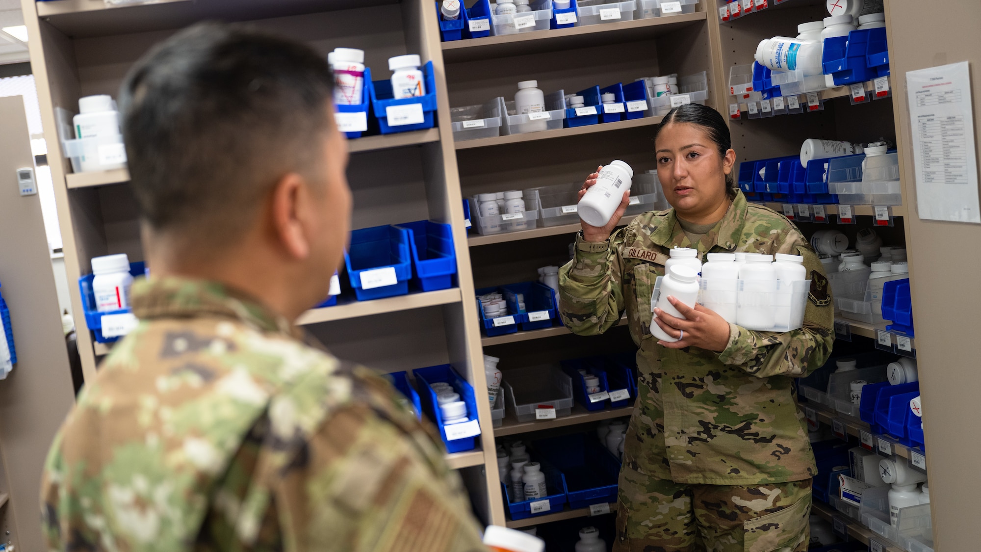 Master Sgt. Jasmin Gillard, 7th Operations Support Squadron wing intelligence superintendent, assists the 7th Medical Group with pharmacy operations at Dyess Air Force Base, Texas, March 26, 2025. This cross-functional training between the 7th Operations Group and 7th MDG enhances operational flexibility and problem-solving skills. (U.S. Air Force photo by Airman 1st Class Jade M. Caldwell)
