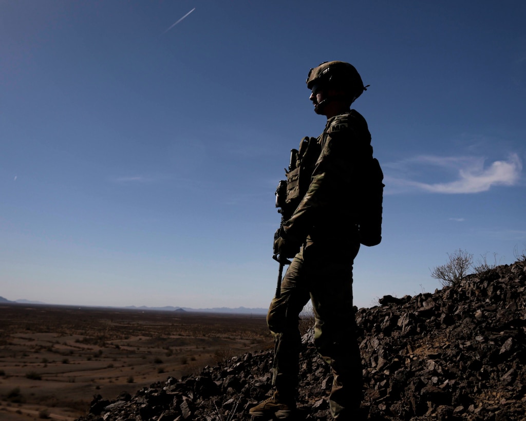 A soldier in full gear looks out at a plain beneath her.