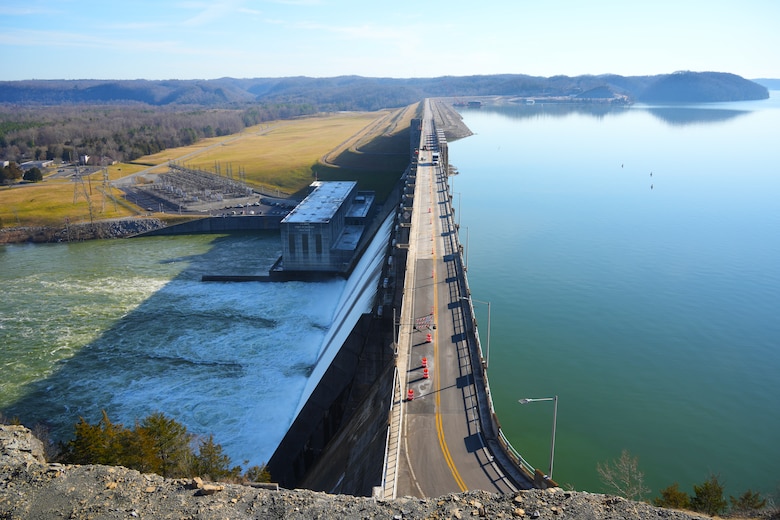 Wolf Creek Dam in Jamestown, Kentucky, releases water on Feb. 26, 2025 to return to normal pool elevation after water was held back from recent heavy rains to prevent flooding in downstream communities. Wolf Creek Dam at Lake Cumberland is one of six flood control reservoirs, and the largest, managed by the U.S. Army Corps of Engineers Nashville District along the Cumberland River. (USACE photo by Michael Davis)