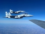 Two F-15s fly in the sky