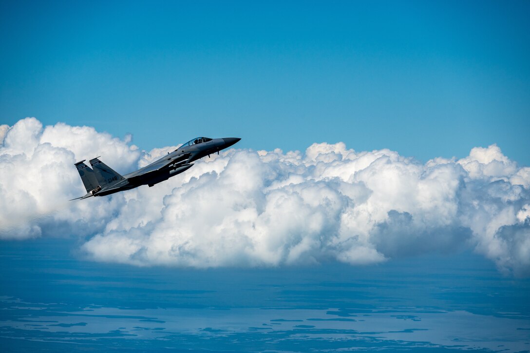 An F-15 fighter jet from the Florida Air National Guard’s 125th Fighter Wing, Detachment 1, intercepted a simulated Temporary Flight Restriction violator during a demonstration near Homestead Air Reserve Base, Florida, March 26, 2025. The exercise, coordinated with a Civil Air Patrol Cessna, highlighted the importance of TFR compliance and the teamwork and precision of NORAD pilots tasked with protecting North American airspace.