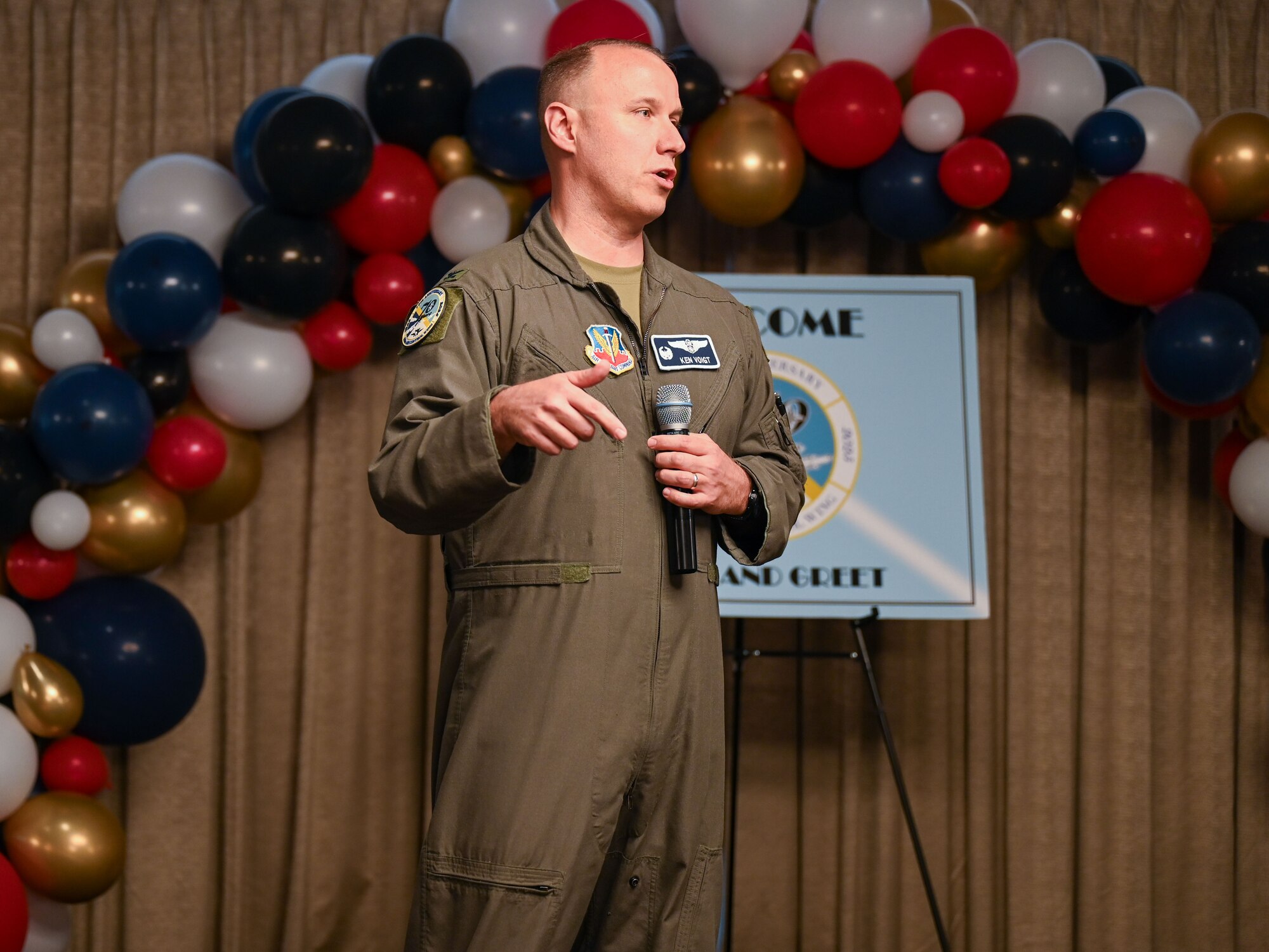 Col. Kenneth Voigt, 552nd Air Control Wing commander, speaks during a meet-and-greet event at Tinker Air Force Base, Oklahoma, March 26, 2025.
The meet-and-greet was part of the 552nd ACW's 70th anniversary celebration, which honored the legacy and future of the Air Force’s premier command and control wing.
(U.S. Air Force photo by Garrett N. Cole)