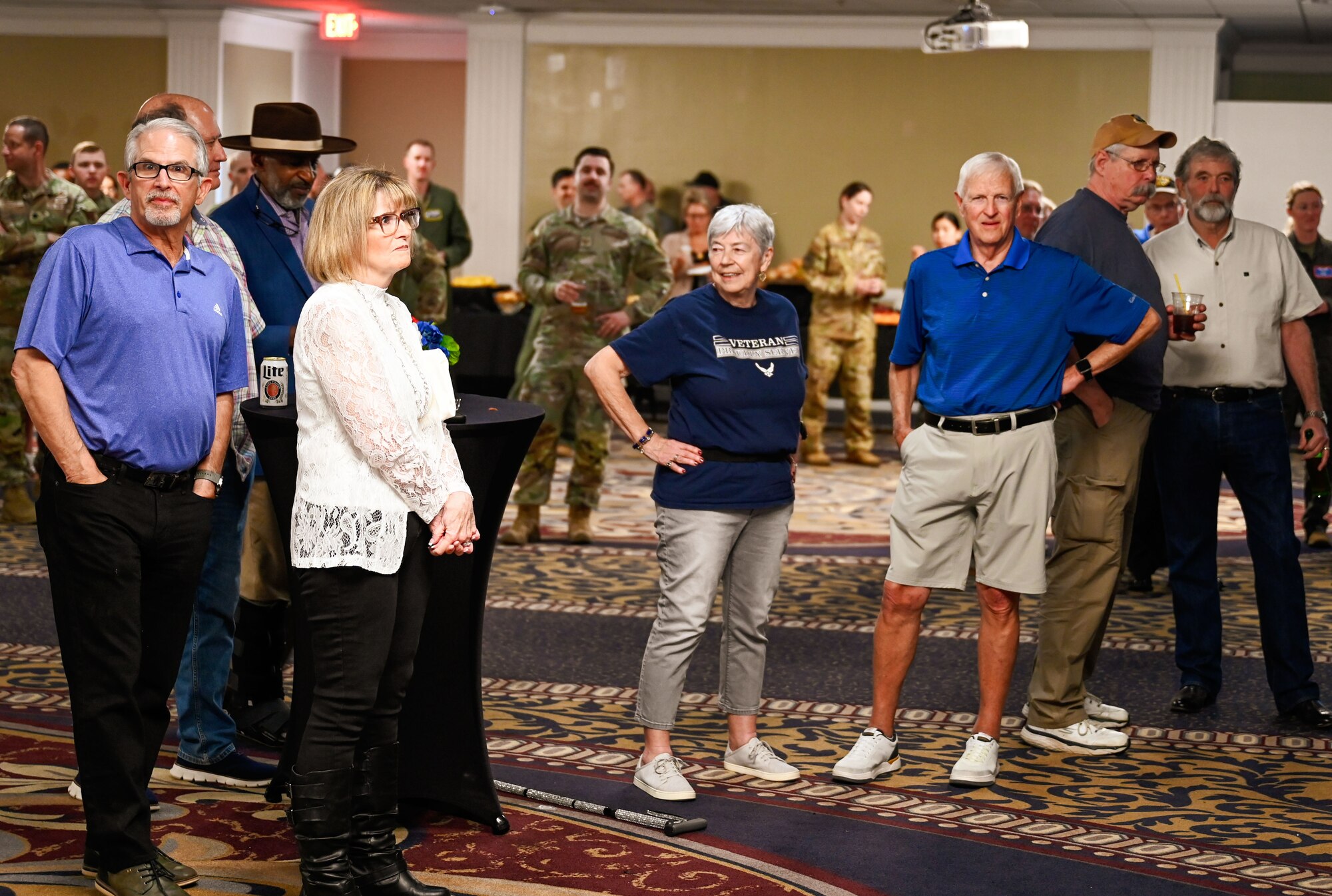 Retired service members and guests listen during the 552nd Air Control Wing’s 70th anniversary celebration meet-and-greet at Tinker Air Force Base, Oklahoma, March 26, 2025.
The event welcomed veterans, current Airmen, families and civic leaders to reflect on seven decades of service.
(U.S. Air Force photo by Garrett N. Cole)
