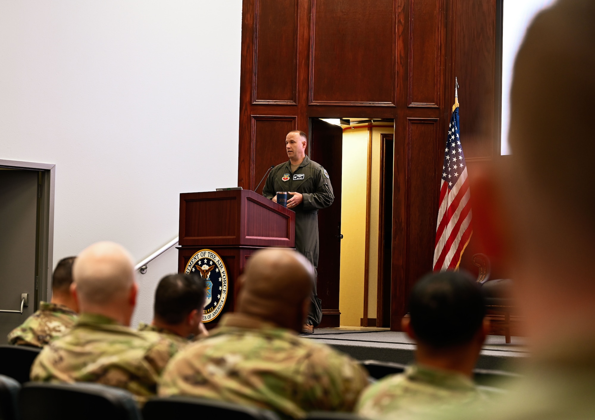Col. Kenneth Voigt, 552nd Air Control Wing commander, speaks to Airmen and guests during the wing’s 70th Anniversary Mission Brief at Tinker Air Force Base, Oklahoma, March 27, 2025.
The event provided a comprehensive overview of the wing’s role in global command and control operations.
(U.S. Air Force photo by Garrett N. Cole)