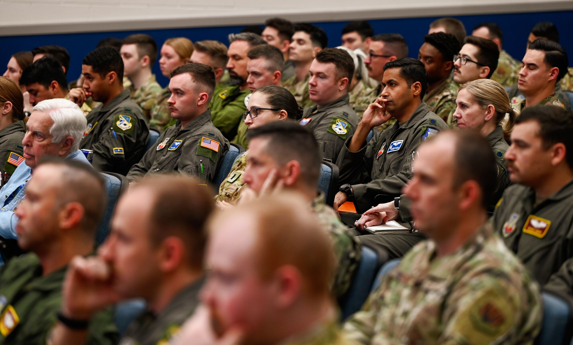 Airmen from the 552nd Air Control Wing listen intently during a fireside chat with Gen. Gregory M. Guillot and retired Gen. Lori J. Robinson at Tinker Air Force Base, Oklahoma, March 27, 2025.
The event was part of the wing’s 70th anniversary celebration and focused on leadership, service and legacy.
(U.S. Air Force photo by Garrett N. Cole)