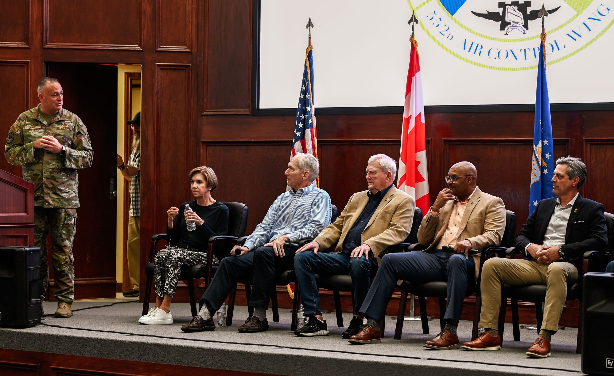 Chief Master Sgt. Nikko Drago, 552nd Air Control Wing command chief, introduces guests during the 552nd ACW Heritage Discussion Panel at Tinker Air Force Base, Oklahoma, March 27, 2025.
The panel was held as part of the wing’s 70th anniversary celebration and featured past and present leaders reflecting on the unit’s legacy.
(U.S. Air Force photo by Garrett N. Cole)