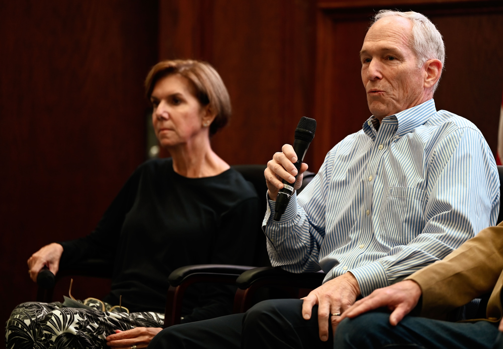 Retired Gen. Lori J. Robinson and retired Gen. Gilmary Hostage speak during the 552nd Air Control Wing Heritage Discussion Panel at Tinker Air Force Base, Oklahoma, March 27, 2025.
The two former commanders shared stories and leadership lessons during the wing’s 70th anniversary celebration.
(U.S. Air Force photo by Garrett N. Cole)