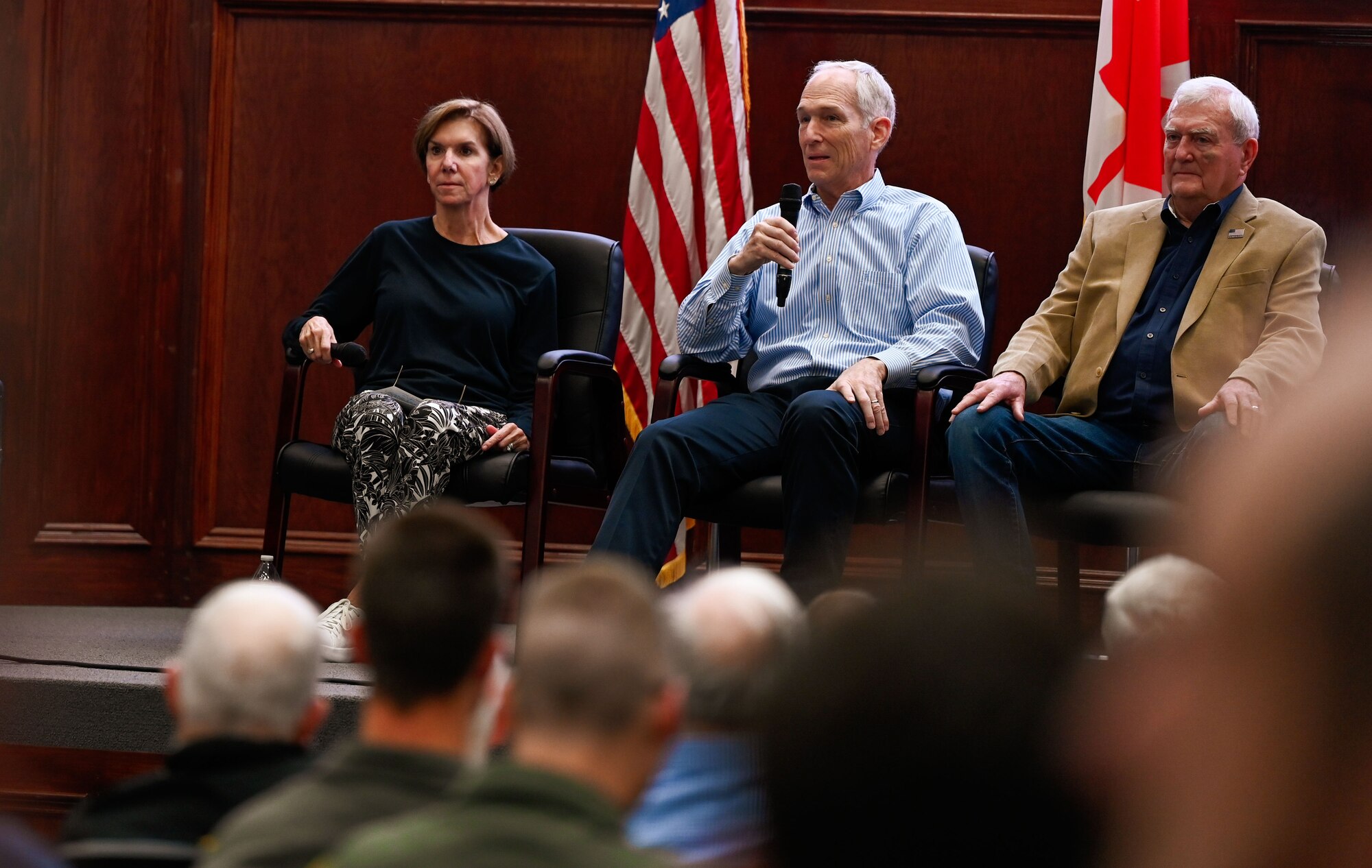 Retired Gen. Lori J. Robinson, retired Gen. Gilmary Hostage, and  retired Col. Wylie J. Koiner speak during the 552nd Air Control Wing Heritage Discussion Panel at Tinker Air Force Base, Oklahoma, March 27, 2025.
The panel featured former and current leaders of the wing reflecting on its history and the future of command and control operations.
(U.S. Air Force photo by Garrett N. Cole)