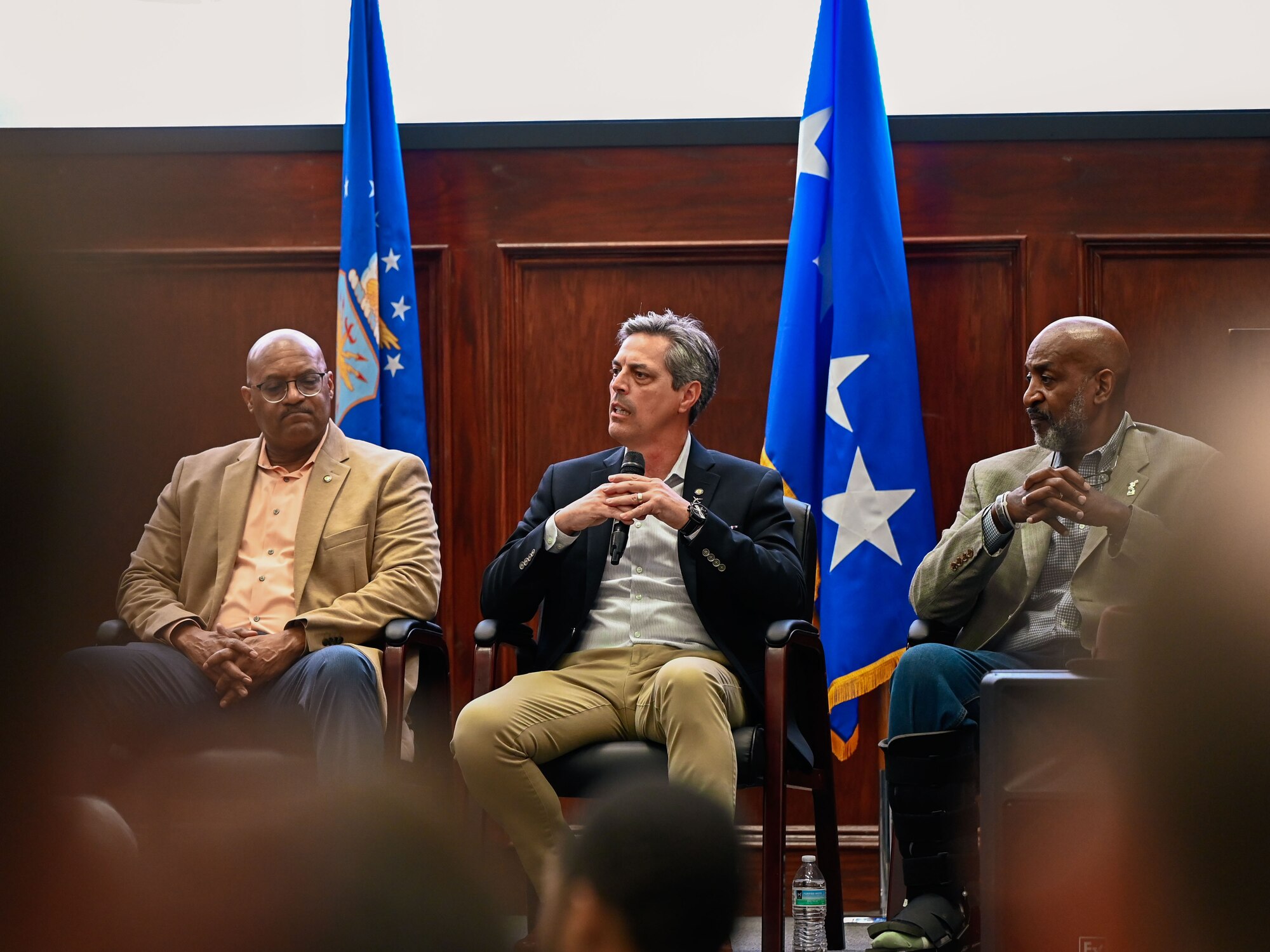 Chief Master Sgt. Raymond Mott speaks during the 552nd Air Control Wing Heritage Discussion Panel at Tinker Air Force Base, Oklahoma, March 27, 2025.
Seated to his left are Chief Master Sgt. Avery Woolridge and Senior Master Sgt. James McQuillar. The panel featured enlisted leaders reflecting on their time with the wing and the evolution of its mission.
(U.S. Air Force photo by Garrett N. Cole)