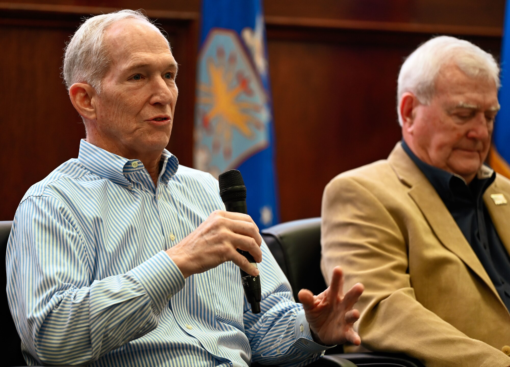 Retired Gen. Gilmary Hostage shares leadership insight during the 552nd Air Control Wing Heritage Discussion Panel at Tinker Air Force Base, Oklahoma, March 27, 2025.
Hostage previously served as commander of Air Combat Command and led the 552nd during his distinguished Air Force career.
(U.S. Air Force photo by Garrett N. Cole)
