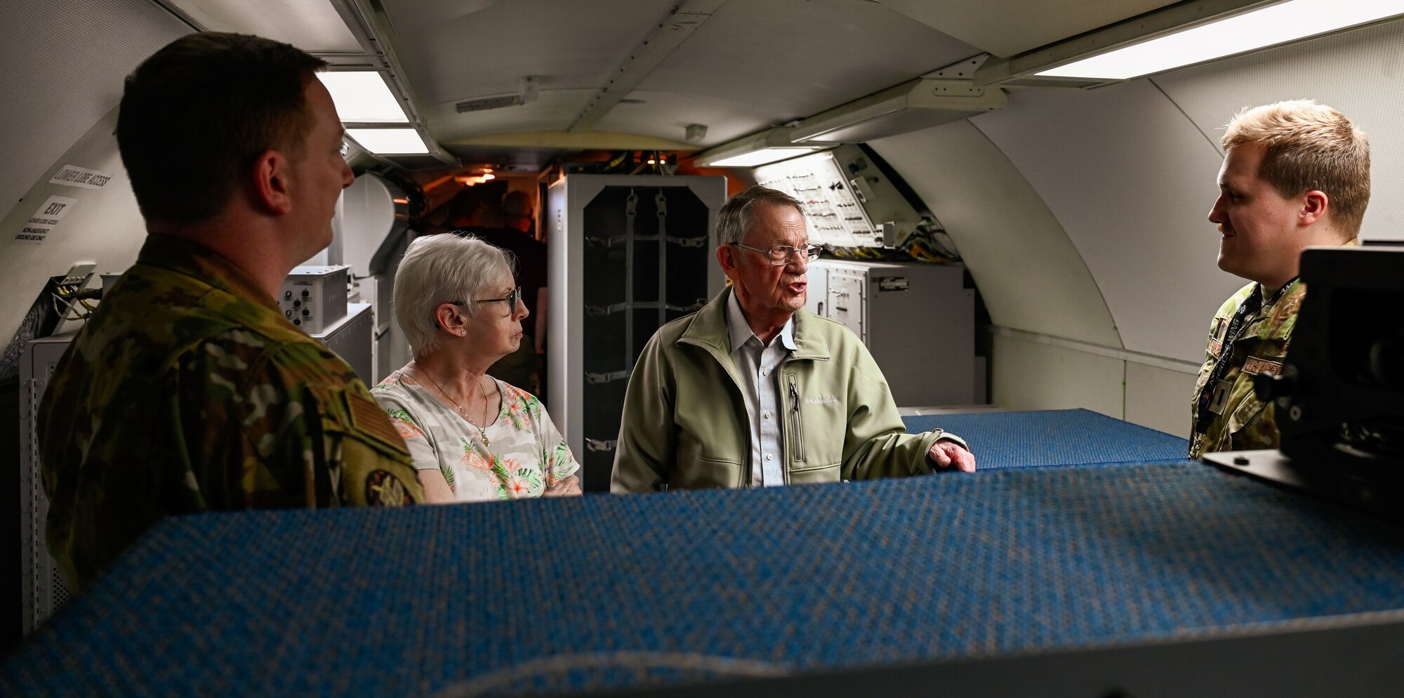 A 552nd Air Control Wing Airman explains the E-3 Sentry’s onboard systems to visitors during the 70th Anniversary Burger Burn at Tinker Air Force Base, Oklahoma, March 27, 2025. Guests explored the aircraft’s mission systems and spoke with operators.
(U.S. Air Force photo by Garrett N. Cole)