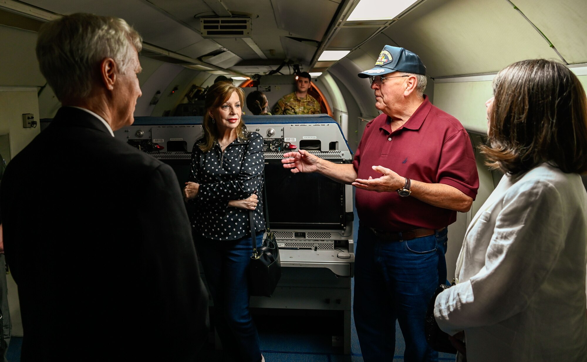 Guests explore the battle management systems aboard an E-3 Sentry during the 552nd Air Control Wing’s 70th Anniversary Burger Burn at Tinker Air Force Base, Oklahoma, March 27, 2025. Alumni shared their experiences while comparing past and present mission sets.
(U.S. Air Force photo by Garrett N. Cole)
