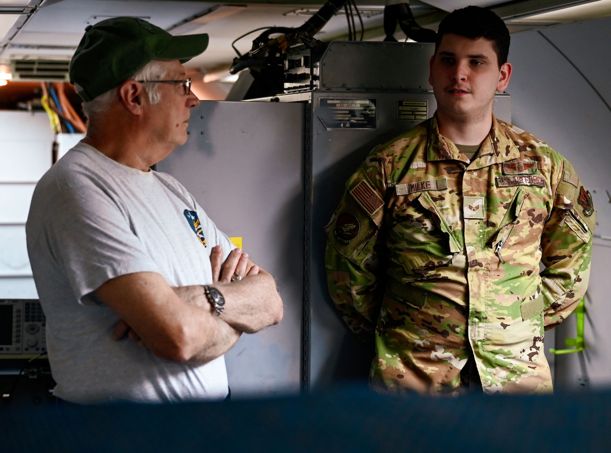 Guests explore the battle management systems aboard an E-3 Sentry during the 552nd Air Control Wing’s 70th Anniversary Burger Burn at Tinker Air Force Base, Oklahoma, March 27, 2025. Alumni shared their experiences while comparing past and present mission sets.
(U.S. Air Force photo by Garrett N. Cole)