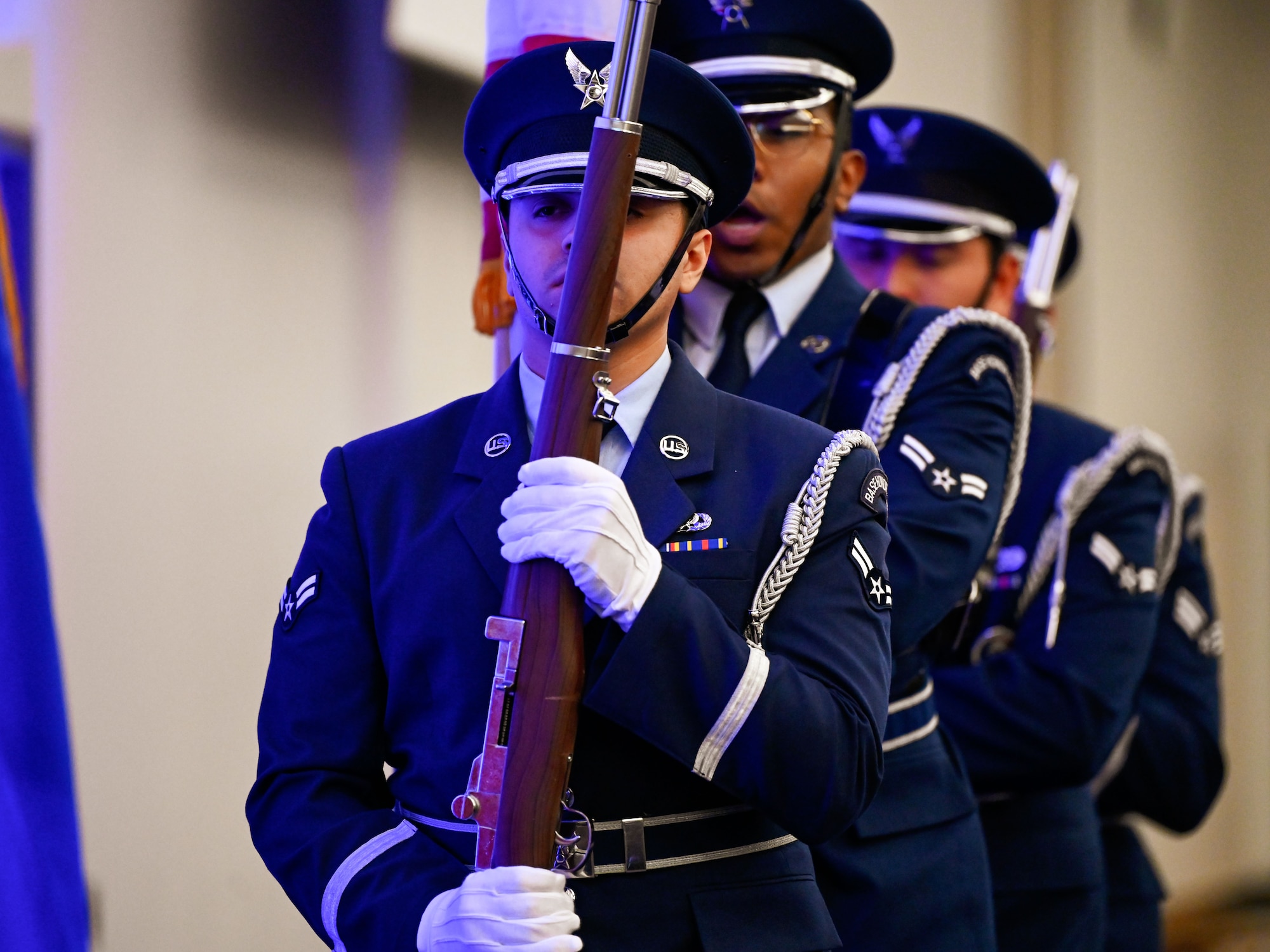 Airmen from the Tinker Air Force Base Honor Guard present the colors during the 552nd Air Control Wing’s 70th Anniversary Banquet, March 27, 2025. The ceremony marked the start of the evening’s commemorative program.
(U.S. Air Force photo by Garrett N. Cole)