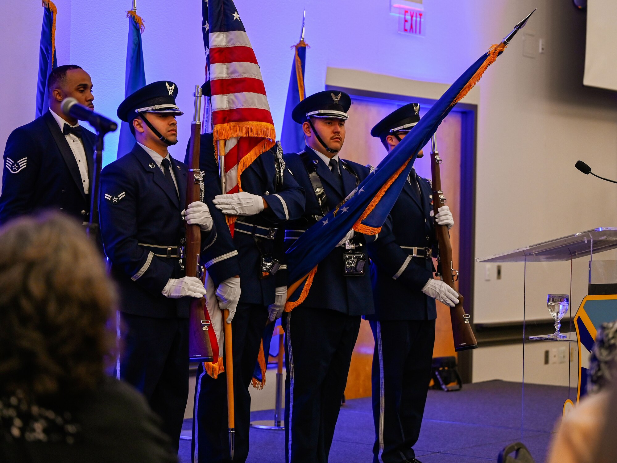 The Tinker Air Force Base Honor Guard presents the U.S. and unit flags at the 552nd Air Control Wing’s 70th Anniversary Banquet, March 27, 2025. The color guard’s performance added a ceremonial tone to the milestone celebration.
(U.S. Air Force photo by Garrett N. Cole)