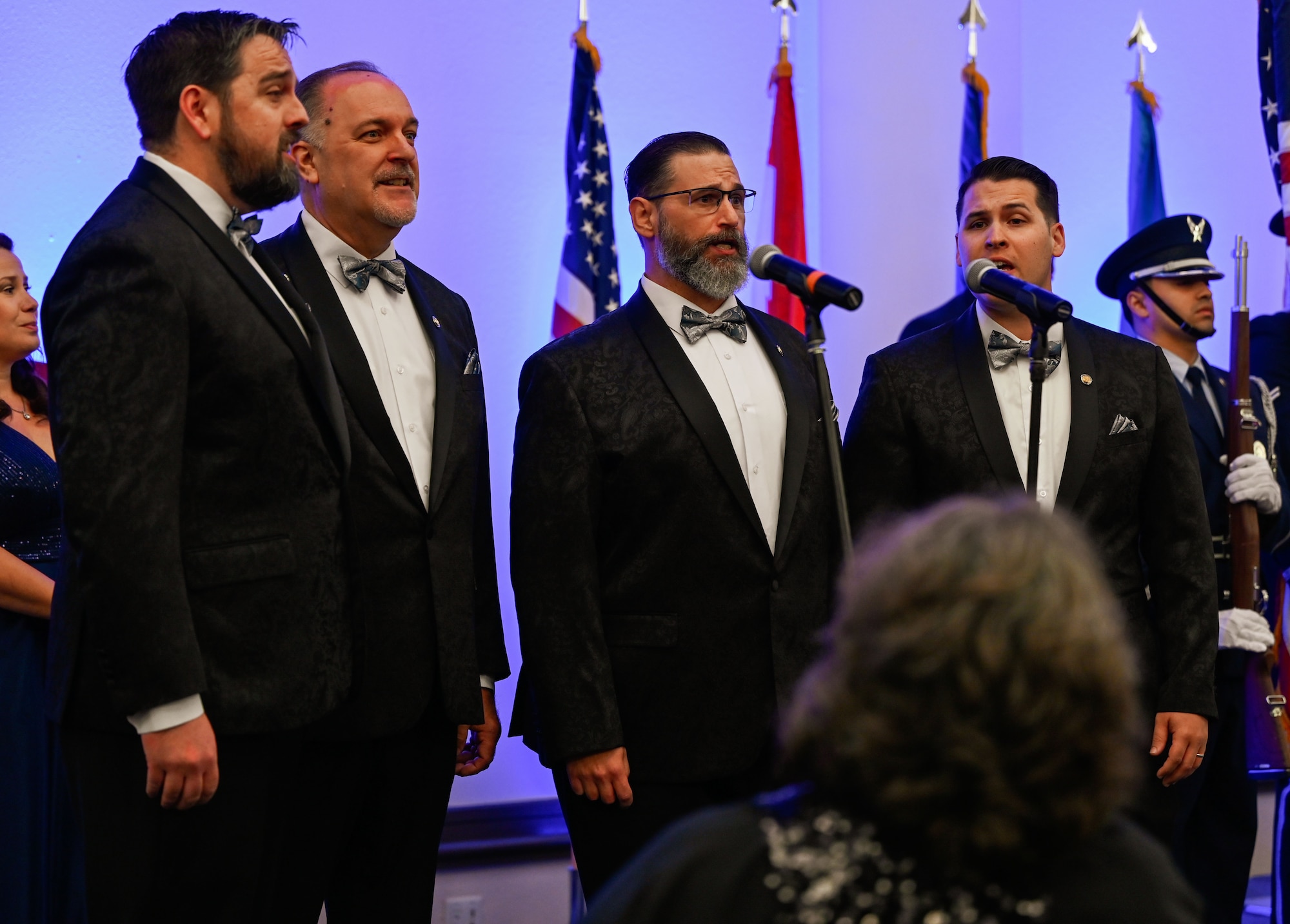 A vocal quartet performs the national anthem for guests during the 552nd Air Control Wing’s 70th Anniversary Banquet at Tinker Air Force Base, Oklahoma, March 27, 2025. Their harmonies added a stirring backdrop to the evening’s formal program.
(U.S. Air Force photo by Garrett N. Cole)